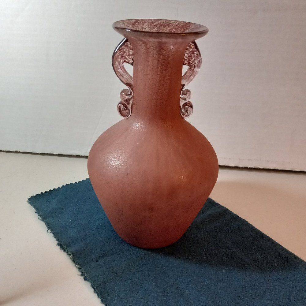 Glass Vase w/applied Folded Glass Handles Opaque Base Cottagecore Grandmacore